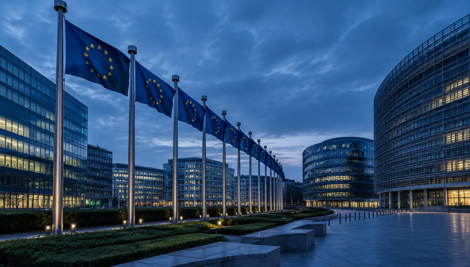 Europees kwartier met vlaggen in het avondlicht