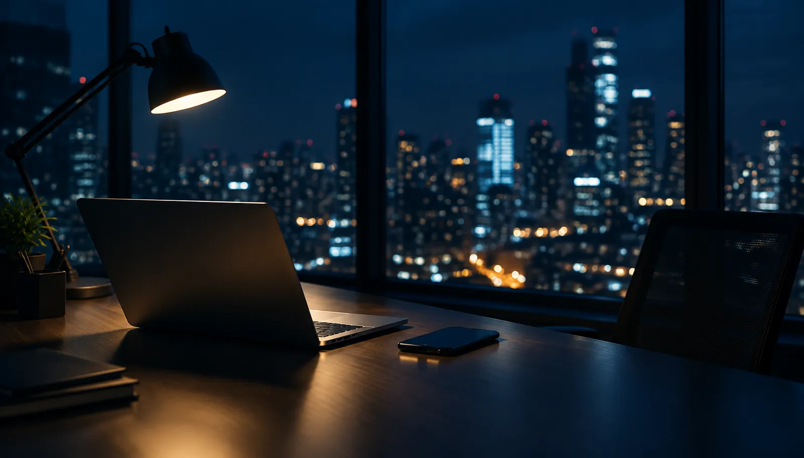 Donker kantoor bij nacht met verlichte laptop