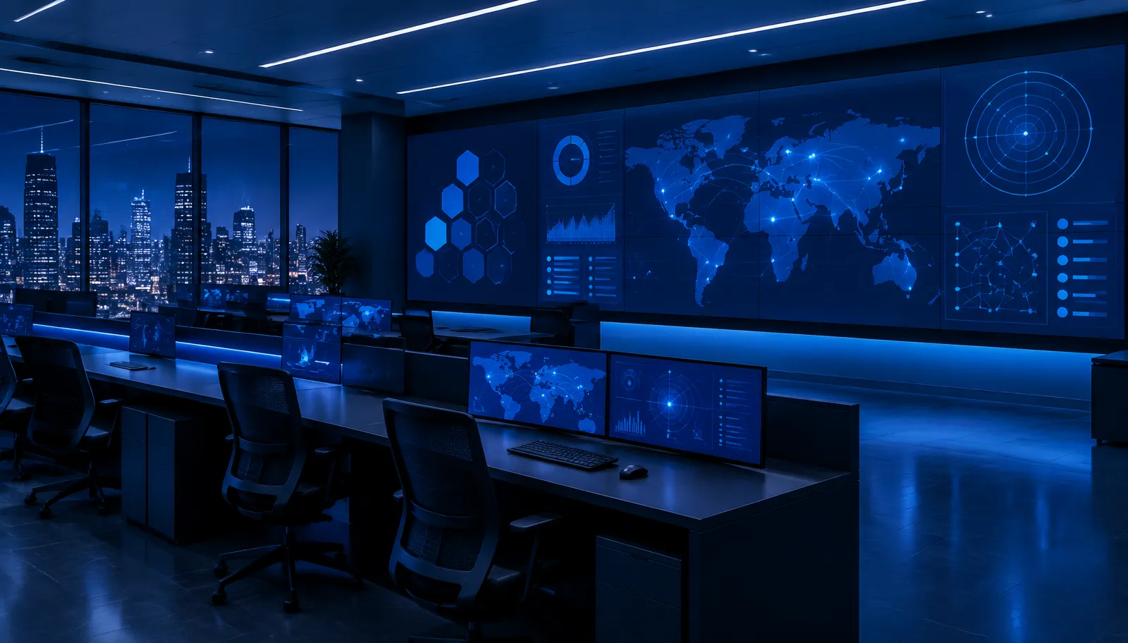 Security operations ruimte met monitoren in de avond