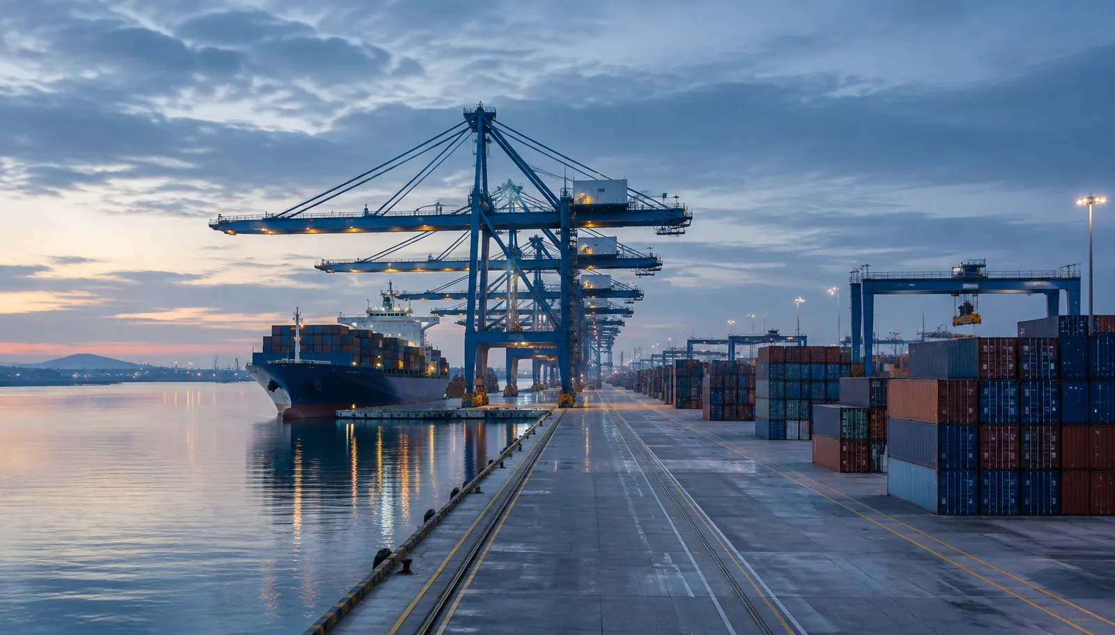 Containerterminal met kranen in de schemering