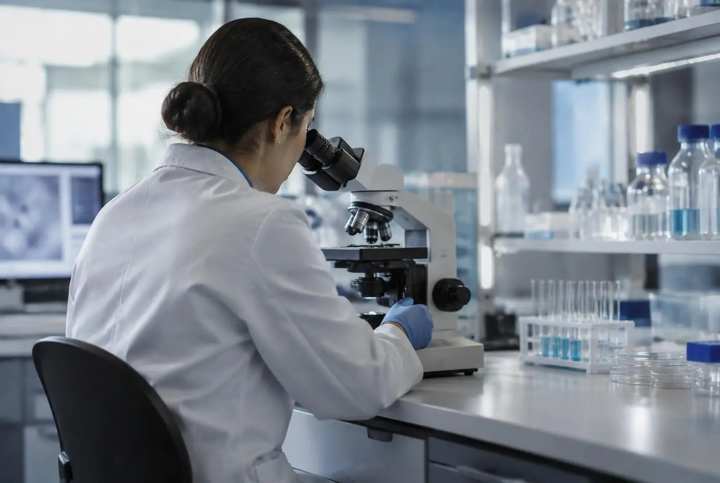 Onderzoeker bij een microscoop in een laboratorium
