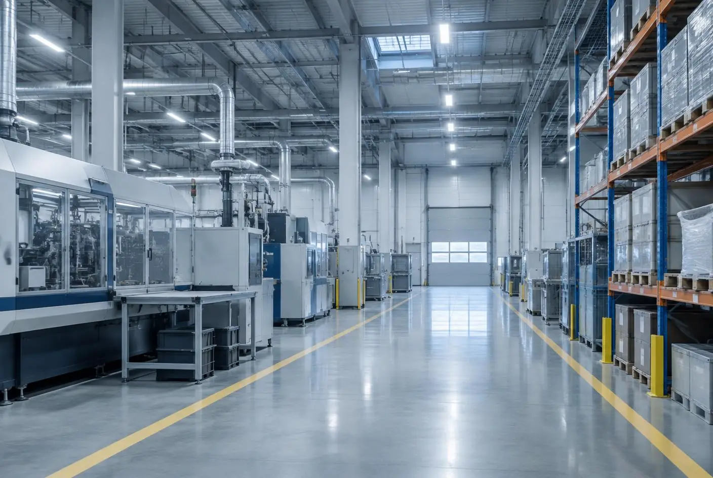 Bedrijfshal met machines en voorraad