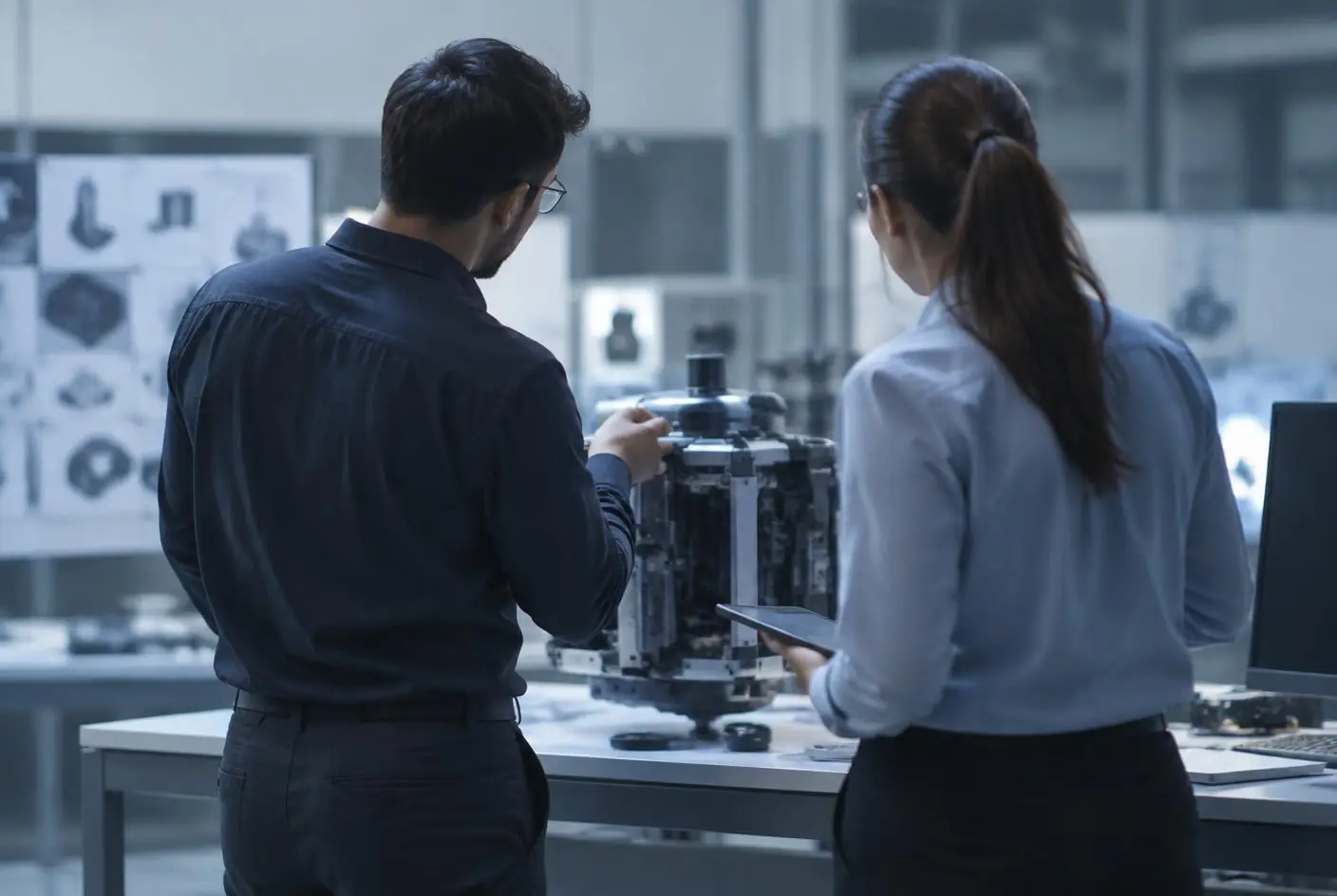 Engineers bij een prototype in een technische werkomgeving